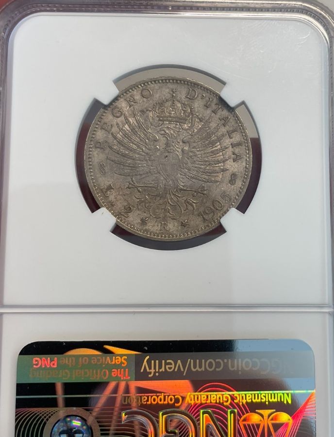 NL* VEIII 2 LIRE ARGENTO 1905 AQUILA SABAUDA in Slab MS62 NCG USA