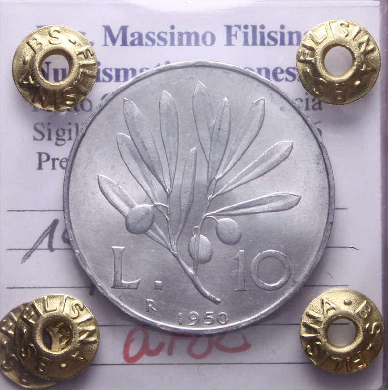 NL* Italia Repubblica 10 LIRE PEGASO 1950 QFDC Perizia Filisina Massimo * 2