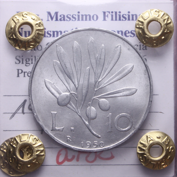 NL* Italia Repubblica 10 LIRE PEGASO 1950 QFDC Perizia Filisina Massimo * 2