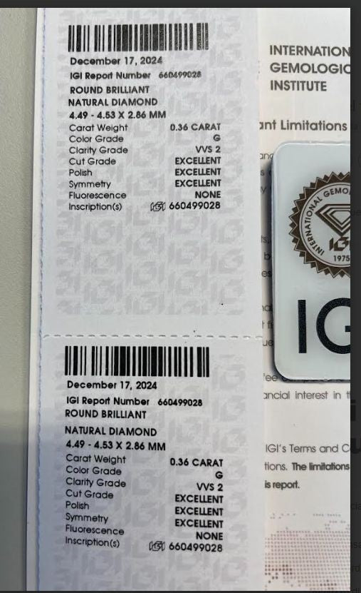 NL* DIAMANTE NATURALE Certificato IGI 0.36 CARATI Colore G VVS2 TRIPLA Excellent
