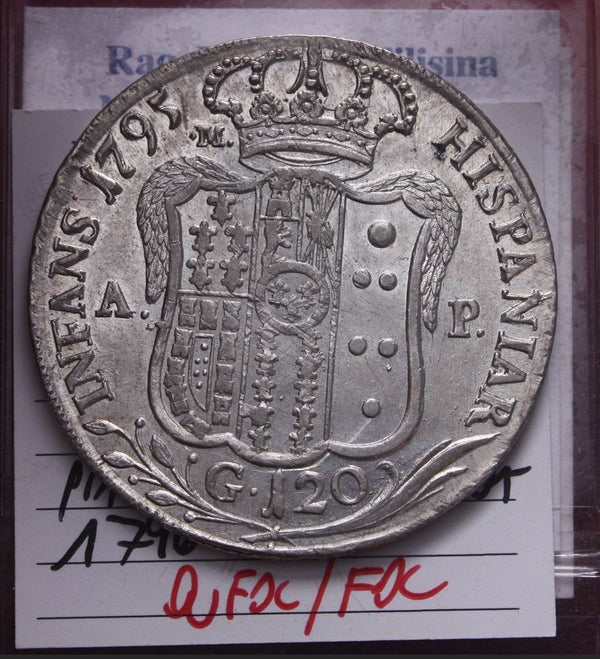 NL* NAPOLI FERDINANDO IV Piastra 120 GRANA ARGENTO 1795 QFDCFDC Perizia Filisina
