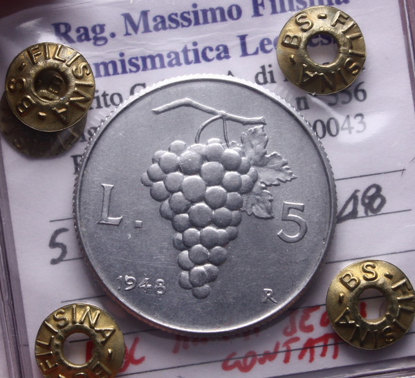 NL* Italia Repubblica 5 LIRE ITALMA UVA 1948 FDC segni Perizia Filisina Massimo