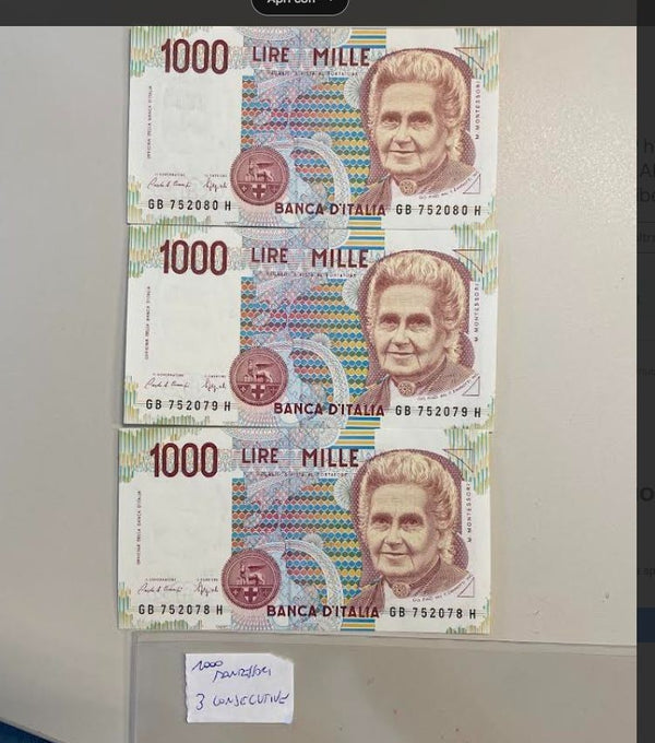 NL*BANCA D' ITALIA lotto 3 BANCONOTE 1000 Lire MONTESSORI CONSECUTIVE FDS