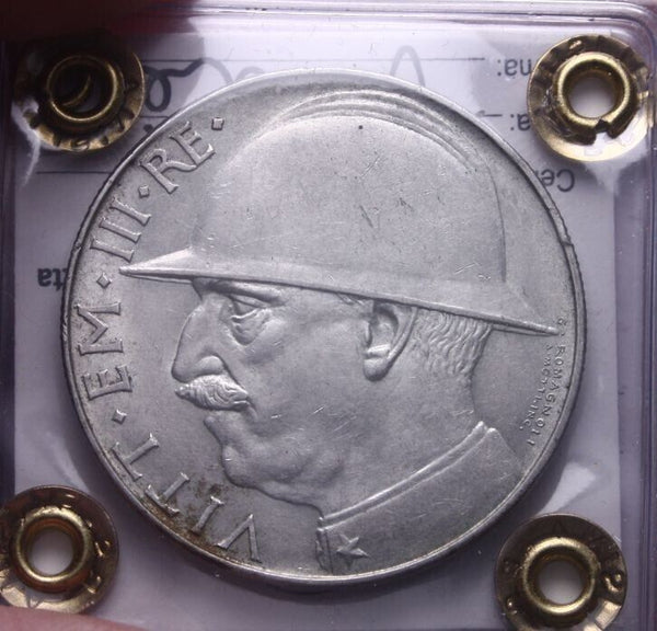 NL* VEIII 20 Lire Silver HELMET 1928 RARE AU/AU+ Filisina Massimo Appraisal