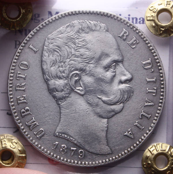 NL* UMBERTO I 5 LIRE Argento 1879 ROMA Q.BB Perizia Filisina Massimo