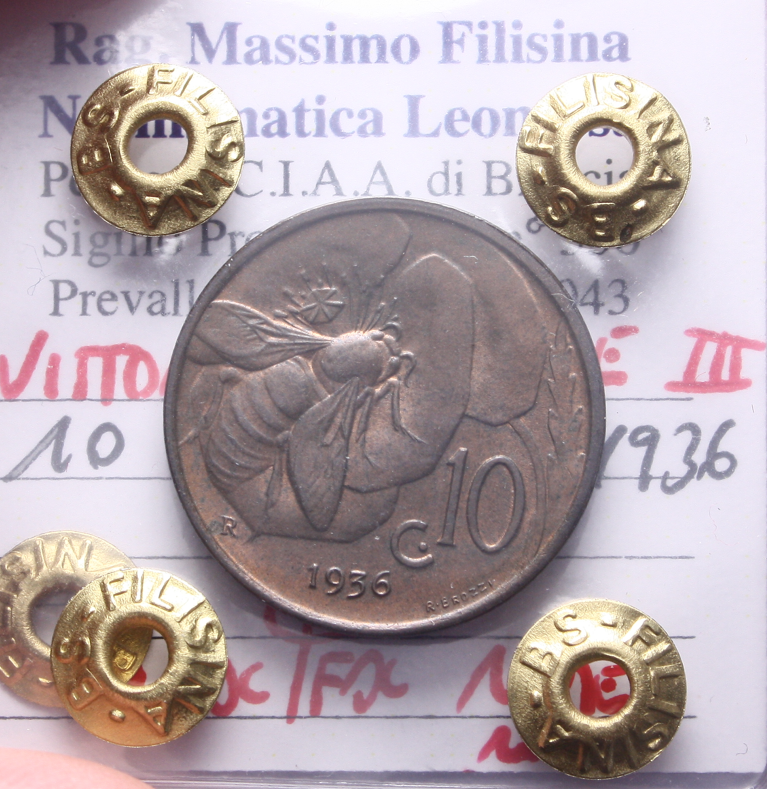 NL*VEIII Italia 10 CENTESIMI APE 1936 QFDC/FDC RAME ROSSO Perizia Filisina