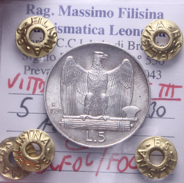 NL* VEIII Italia 5 LIRE ARGENTO AQUILOTTO 1930 QFDC/FDC Perizia Filisina * 2