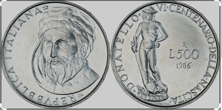 NL*ITALIA 500 Lire Argento 1986 DONATELLO FDC FIOR DI CONIO da Divisionale Zecca