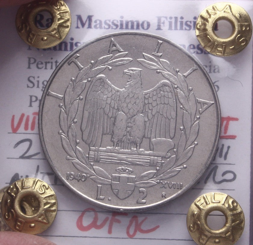 NL* VEIII ITALIA 2 LIRE IMPERO 1940 XVIII ANTIMAGNETICA QFDC Perizia Filisina