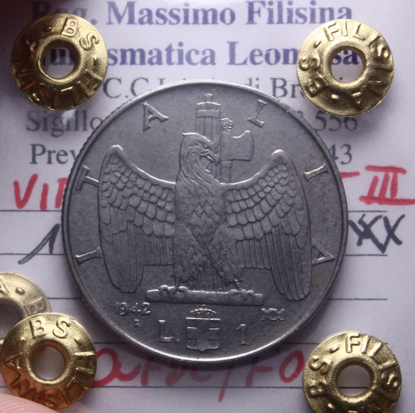 NL* VEIII 1 LIRA IMPERO 1942 ANNO XX QFDC/FDC Perizia Filisina Massimo