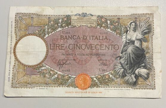 NL* BANK OF ITALY Banknote 500 LIRE HARVESTER 21 OCTOBER 1942 RARE 6492 U265