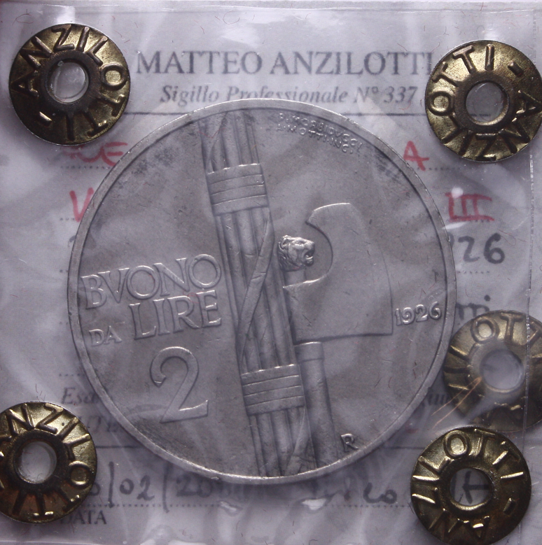 NL* VEIII Italia BUONO 2 LIRE FASCIO 1926 qSPL/SPL SEGNETTI Perizia Anzilotti