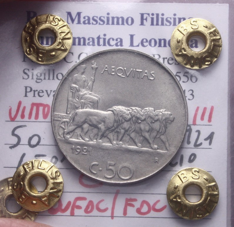 NL* VEIII 50 CENTESIMI LEONI CONTORNO LISCIO 1921 QFDC/FDC Perizia Filisina