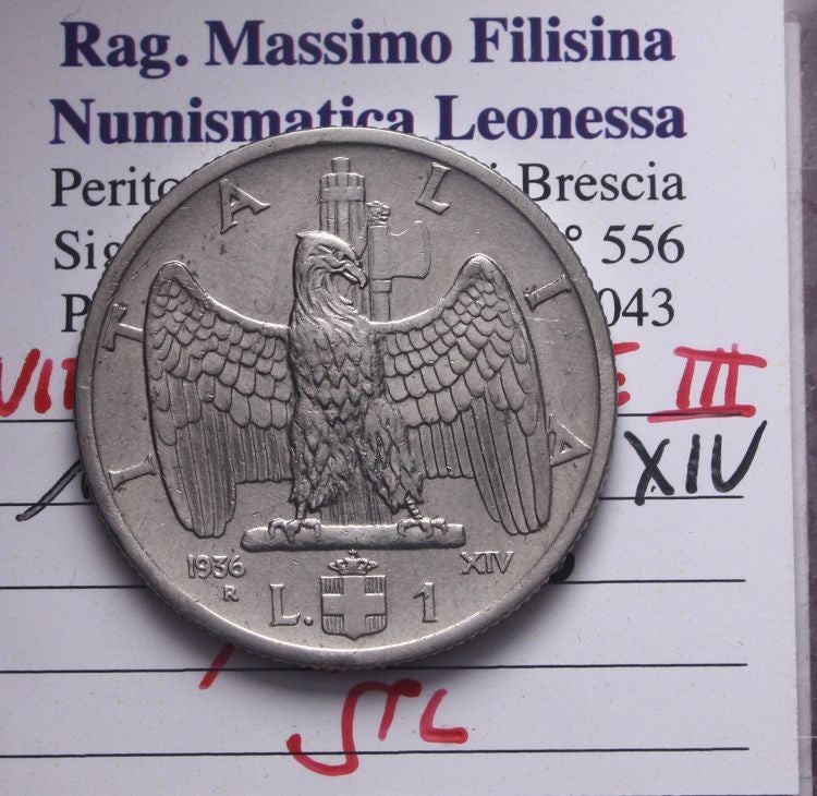 NL* VEIII ITALIA 1 LIRA IMPERO 1936 XIV RARA SPL Perizia Filisina Massimo