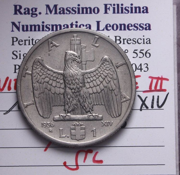 NL* VEIII ITALIA 1 LIRA IMPERO 1936 XIV RARA SPL Perizia Filisina Massimo
