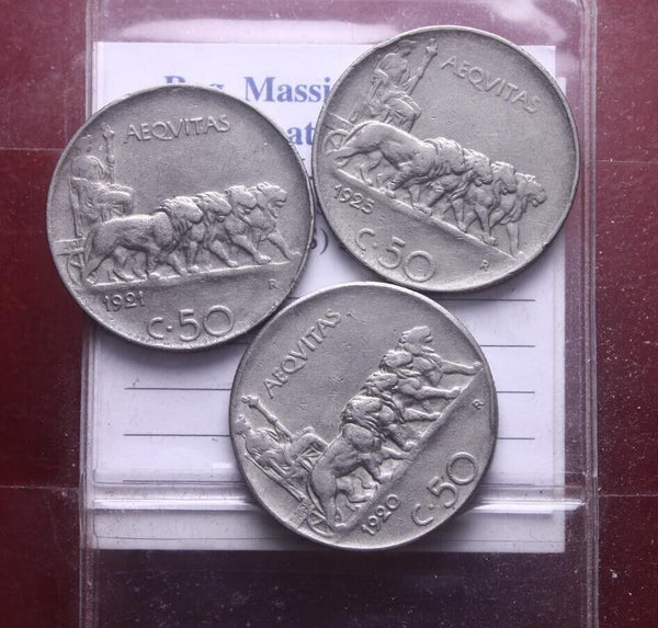 NL* Italy VEIII LOT 3 PIECES 50 CENTESIMI LIONS 1920 1921 1925 STRIPED!!!!