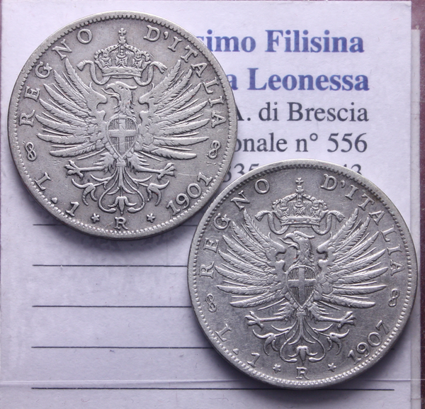 NL* VEIII Lotto 2 pezzi 2 LIRE Argento 1901 1907 AQUILA SABAUDA come da foto