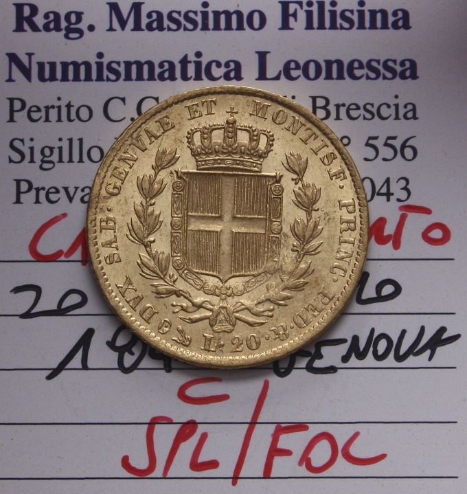 NL* SAVOIA CARLO ALBERTO 20 Lire ORO GOLD 1840 GenovaSPL/FDC Perizia Filisina M