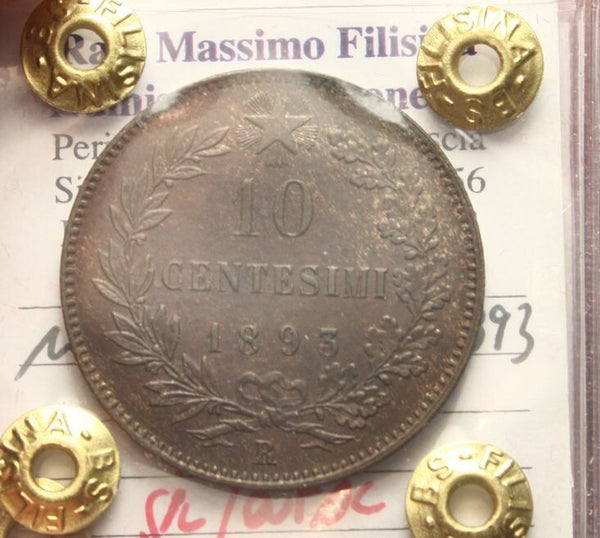 NL* UMBERTO I 10 CENTESIMI Rame 1893 ROMA NC SPL/Q.FDC Perizia Filisina M.