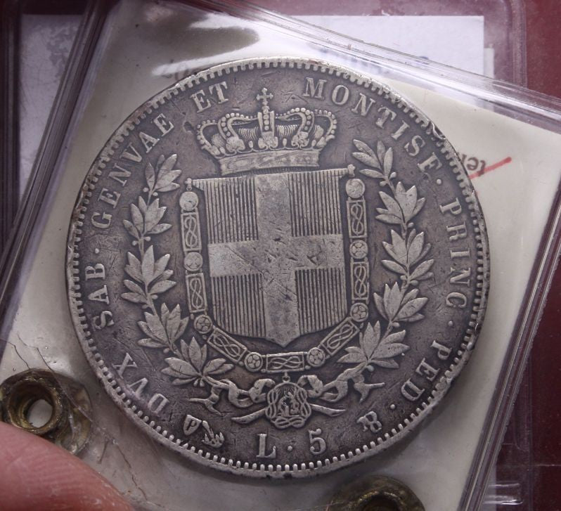 NL* VEII SARDEGNA Scudo 5 LIRE ARGENTO 1850 GENOVA BB+ Perizia Rossi Riccardo