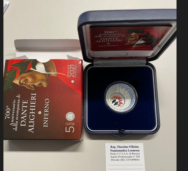 NL* ITALIA Repubblica 5 EURO ARGENTO 2021 DANTE ALIGHIERI INFERNO FDC set zecca