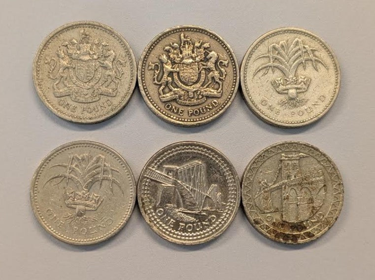 NL* REGNO UNITO Lotto 6 pezzi 1 POUND/ STERLINA 1983-1985-1990-2004-2005 foto
