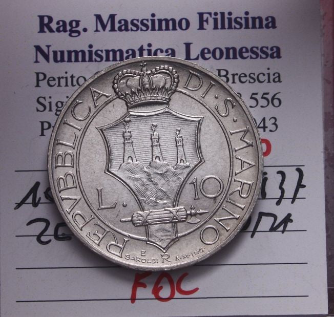 NL* SAN MARINO 10 LIRE ARGENTO 1937 ROMA FDC Perizia Filisina Massimo
