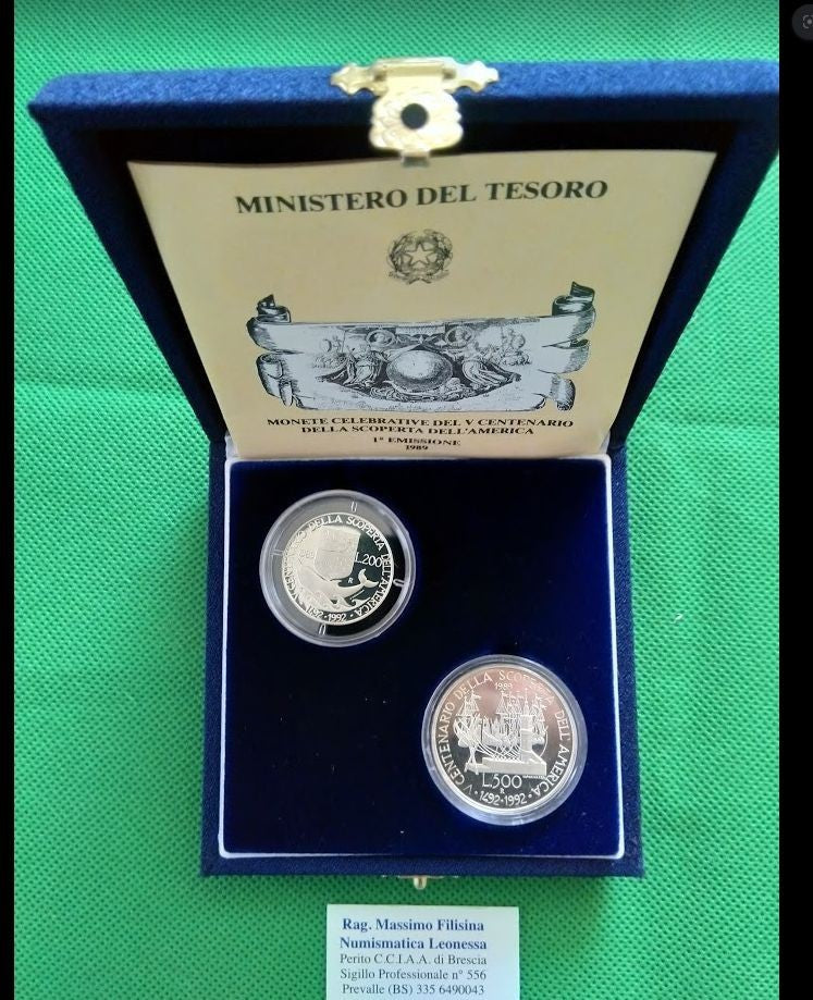 NL* ITALIA DITTICO 500 + 200 LIRE ARGENTO 1989 SCOPERTA America PROOF Set zecca