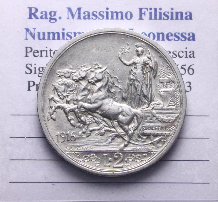 NL* VEIII Italia 2 LIRE ARGENTO 1916 QUADRIGA BRIOSA come da foto