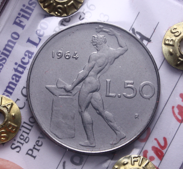NL* Italia Repubblica 50 LIRE VULCANO 1964 FDC GRAFFIETTI AL D. Perizia Filisina