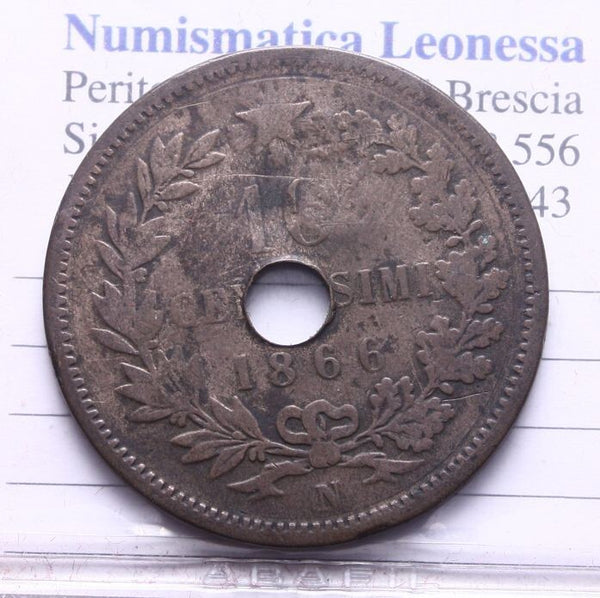 NL* VEII ITALIA 10 CENTESIMI RAME 1866 Napoli ALLEGORICA BUCATA con R vedi foto
