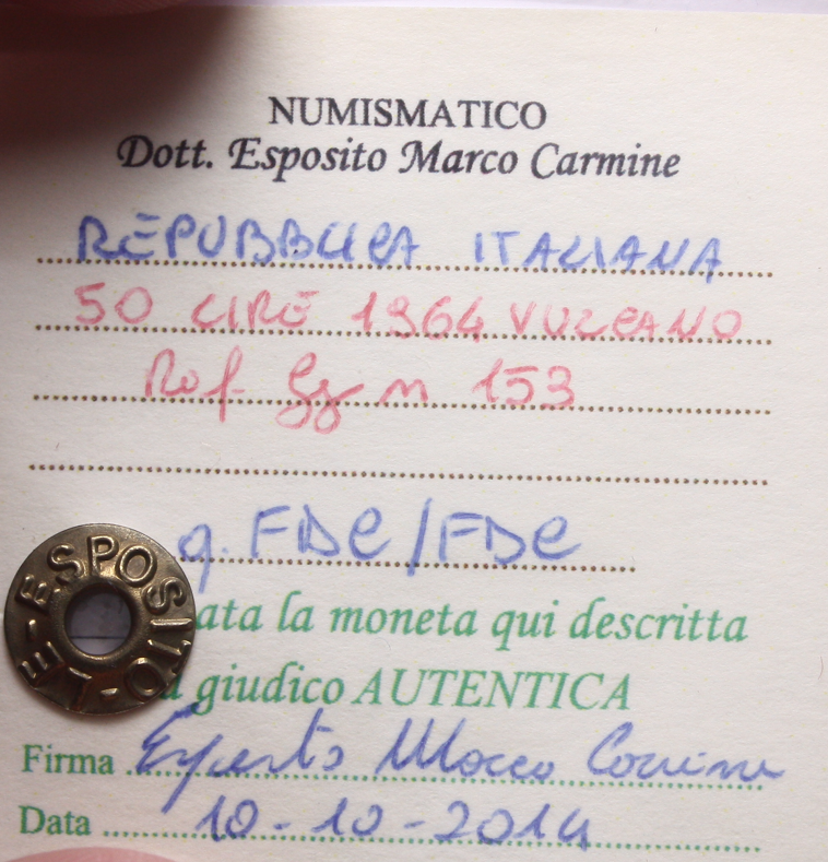 NL* Italia 50 LIRE VULCANO 1964 q.FDC/FDC Perizia Esposito Marco