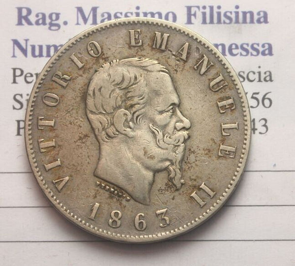 NL* ITALY VEII 2 LIRE Silver COAT OF ARMS 1863 TURIN NC BB/SPL Appraisal Filisina M. 