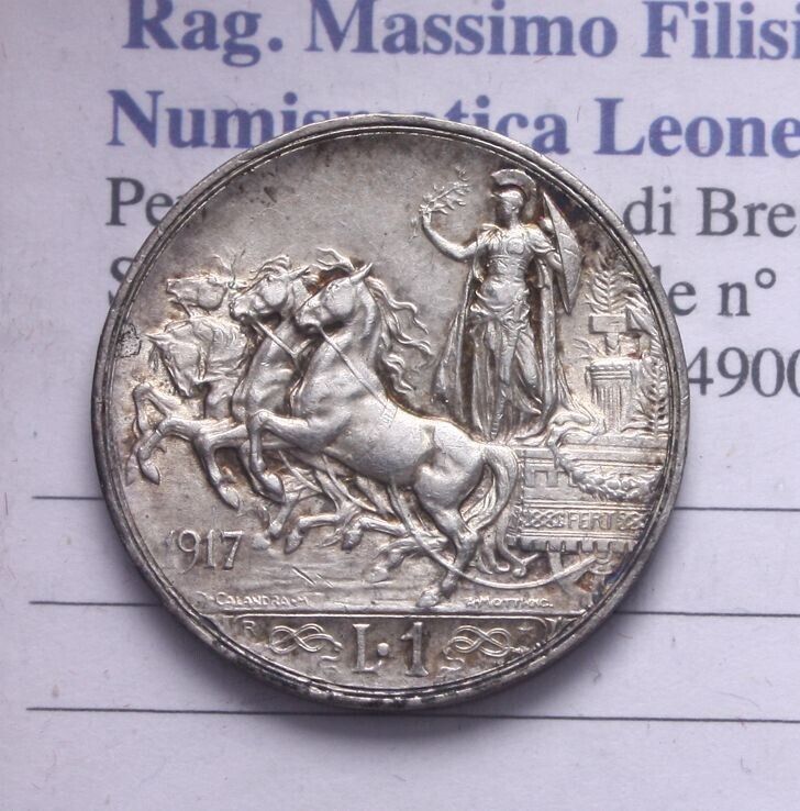 NL* VEIII Italy 1 LIRA SILVER 1917 QUADRIGA BRIOSA SUPER LUSTER AND PATINA