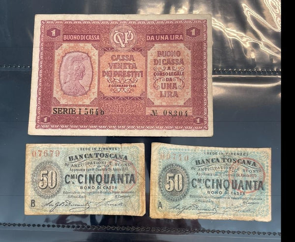 NL* BUONO CASSA VENETA DEI PRESTITI 1 LIRA 1918 e 2 X 50 CENTESIMI BANCA TOSCANA