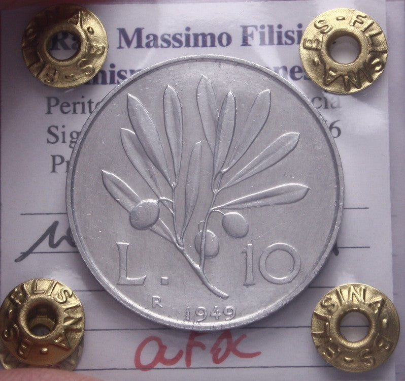 NL* Italia Repubblica 10 LIRE PEGASO 1949 QFDC Perizia Filisina Massimo