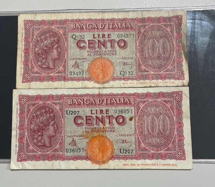 NL* BANCA ITALIA Lotto 2 BANCONOTE DA 100 LIRE ITALIA TURRITA Dicembre 1944