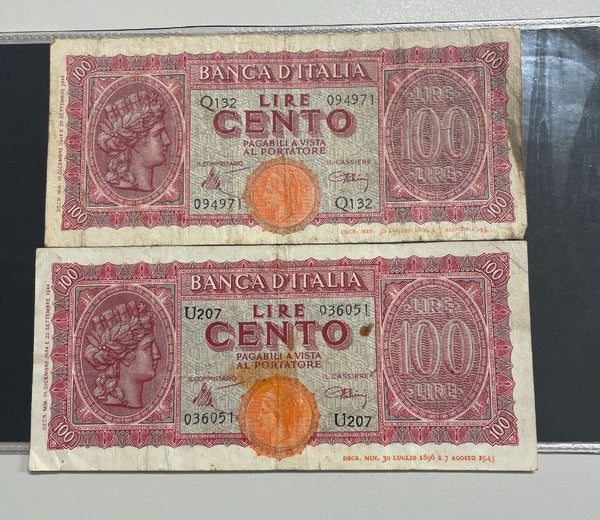 NL* BANCA ITALIA Lotto 2 BANCONOTE DA 100 LIRE ITALIA TURRITA Dicembre 1944