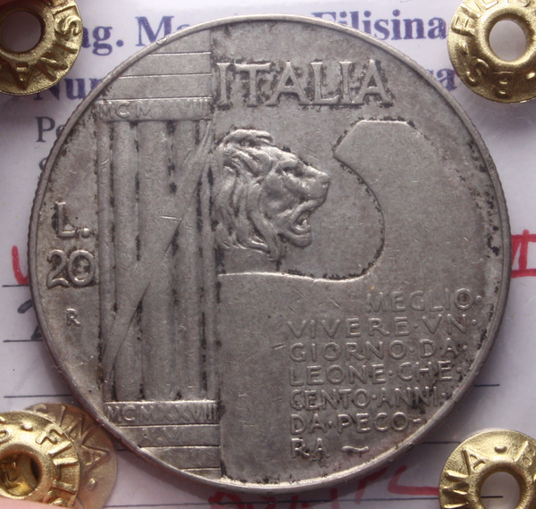 NL* VEIII 20 LIRE ARGENTO 1928 ELMETTO NC BB/SPL Perizia Filisina Massimo