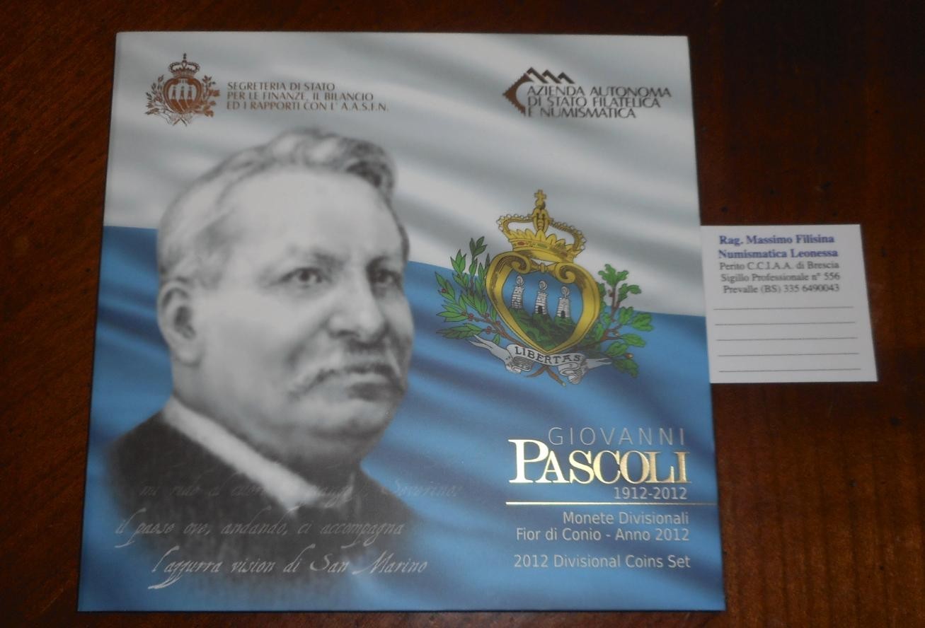 NL* SAN MARINO DIVISIONALE 2012 G. PASCOLI 9 Valori con Argento FDC set zecca