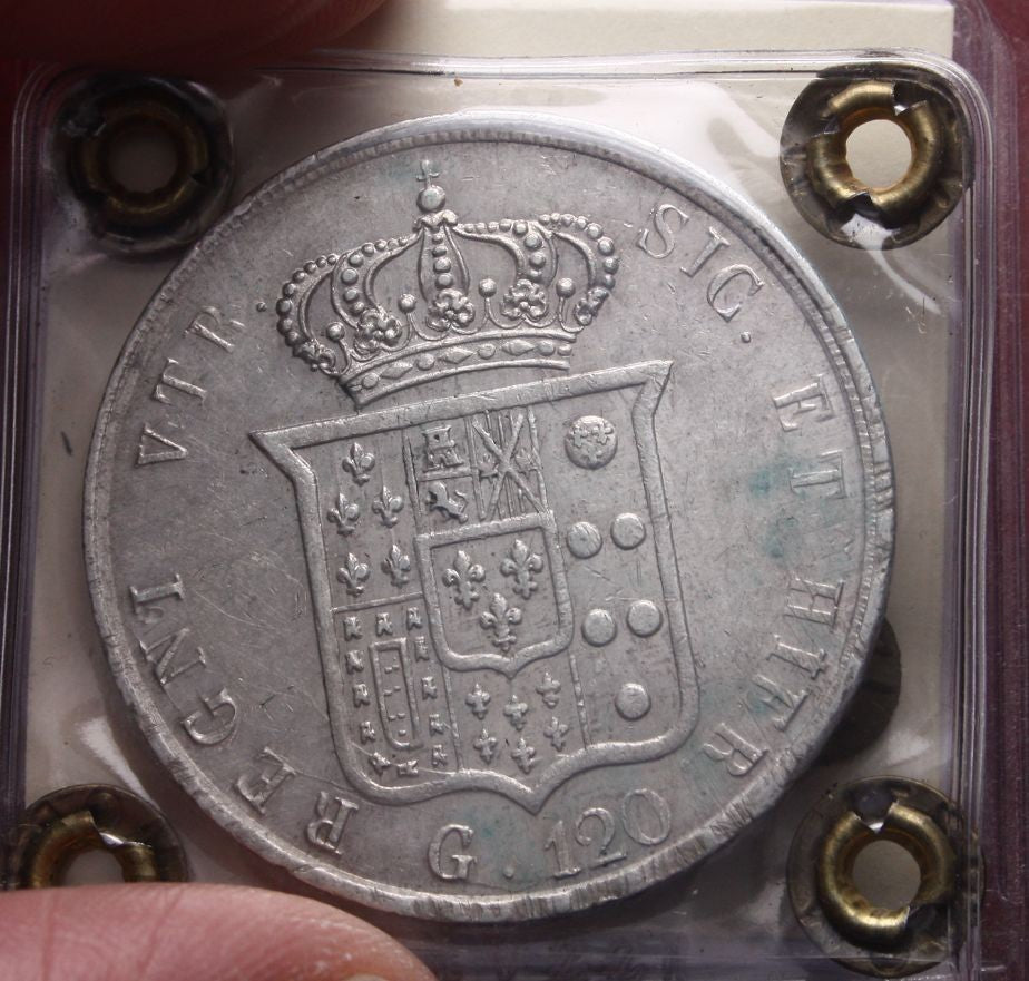 NL* NAPOLI FERDINANDO II Piastra 120 GRANA ARGENTO 1858 SPL Perizia Moruzzi U.