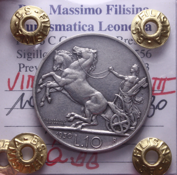 NL* VEIII 10 LIRE Argento BIGA 1930 RARA QBB Perizia Filisina Massimo
