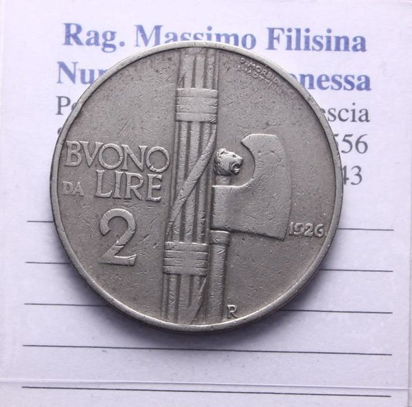 NL* VEIII  BUONO 2 LIRE FASCIO 1926 RARO OTTIMA Conservazione PREZZO TOP ****
