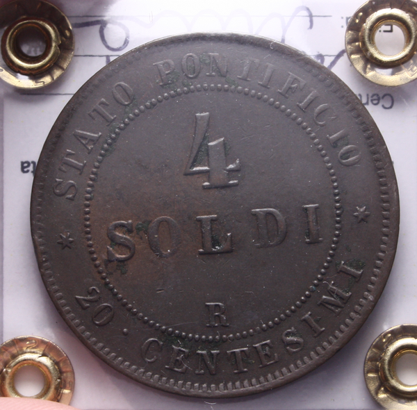 NL* STATO PONTIFICIO PAPA PIO IX 4 SOLDI Rame 1866 XXI BB/SPL C Perizia Filisina