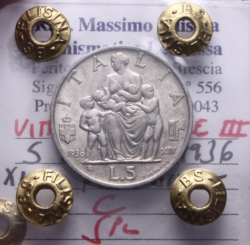 NL* VEIII 5 LIRE ARGENTO FECONDITA' 1936 XIV SPL Perizia Filisina Massimo