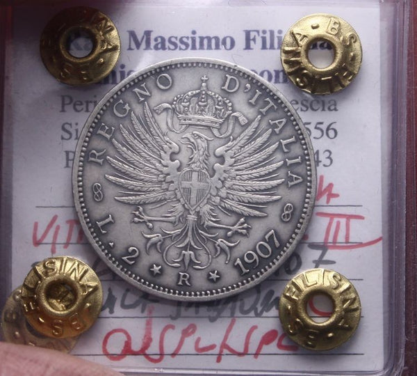 NL* VEIII 2 LIRE ARGENTO AQUILA SABAUDA 1907 QSPL /SPL Perizia Filisina M