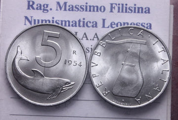NL* Italia Repubblica 5 LIRE DELFINO 1954 FDC da ROTOLINO SUPERBO LUSTRO