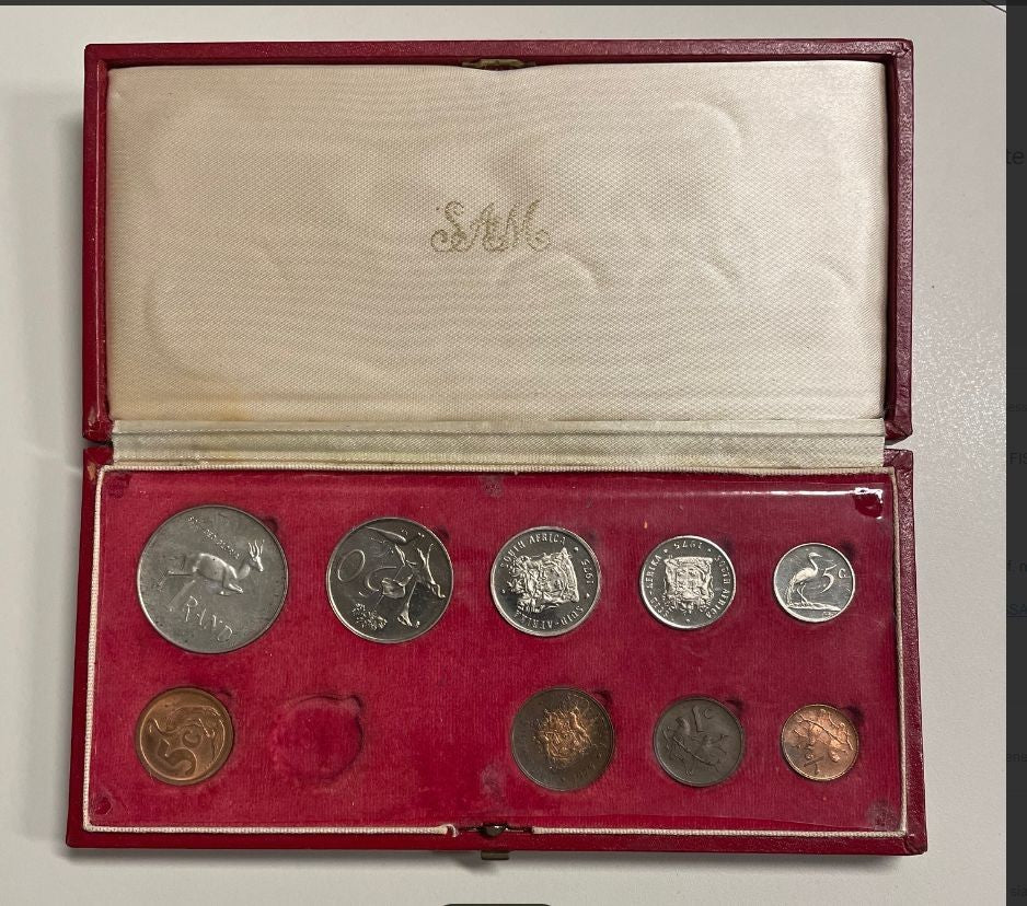 NL*SUDAFRICA SET 9 VALORI 1975 1 RAND ARGENTO E DECIMALI SENZA ORO FDC astuccio