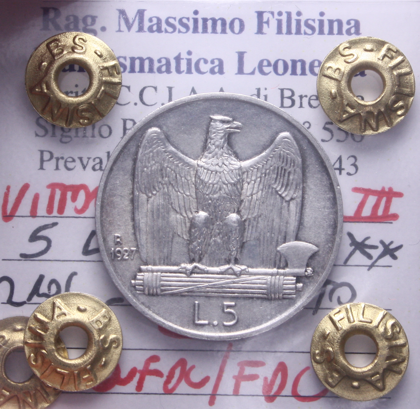 NL* VEIII Italia 5 LIRE AG. AQUILOTTO 1927 due rosette QFDC/FDC Perizia Filisina