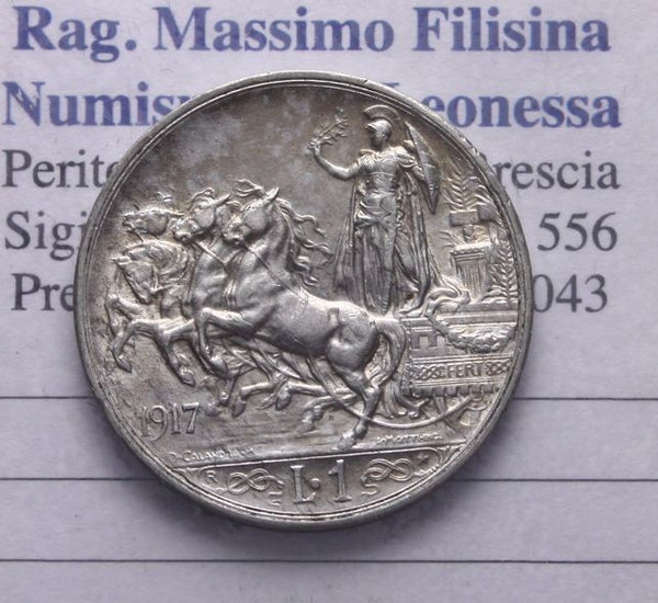 NL* VEIII Italia 1 LIRA ARGENT0 1917 QUADRIGA BRIOSA eccellente patina e lustro